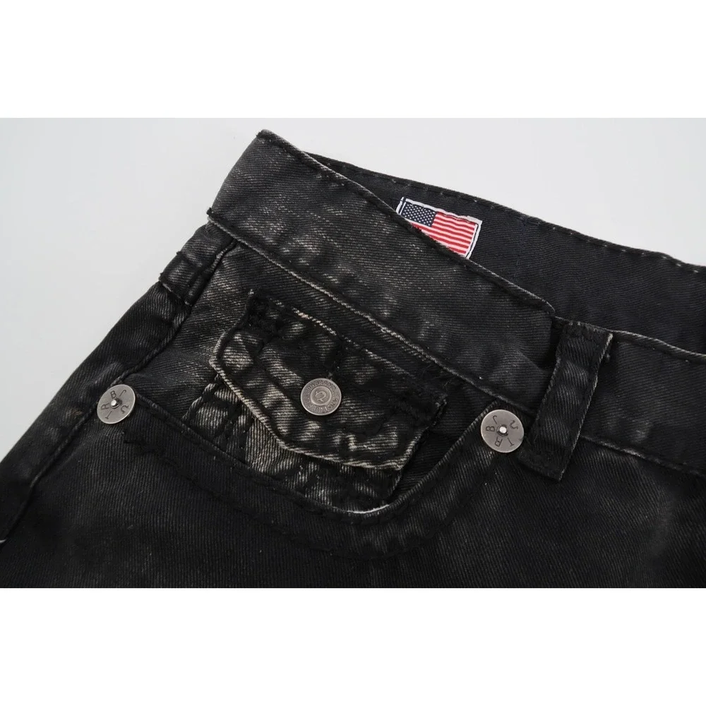 True Religion Mens 38 Black Acid Wash Straight Leg Jeans‎ USA Made Size 38x35